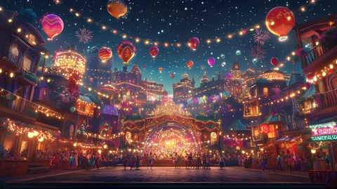 热闹的灯火通明的节日庆典街道夜景