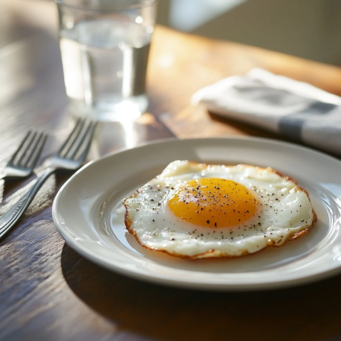 煎蛋与餐具置于白色餐盘