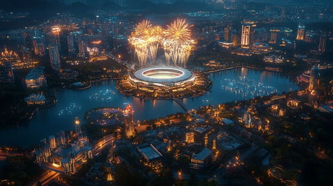 城市夜景中的体育场与璀璨烟花