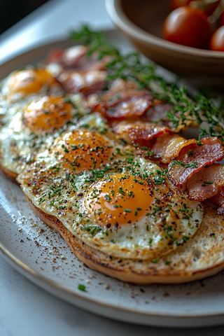鸡蛋培根面包白桌