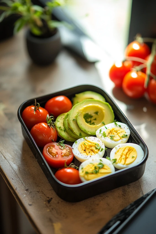 办公桌上的鸡蛋牛油果沙拉