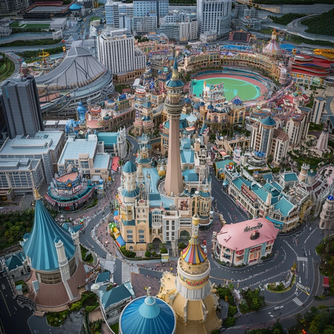 奇幻城堡建筑聚集的主题乐园全景