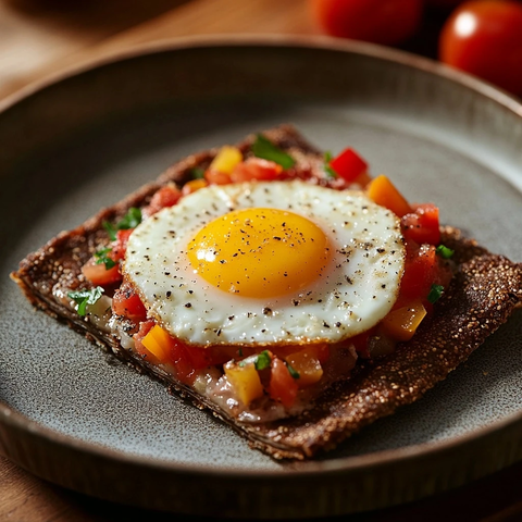 自制荞麦煎饼配鸡蛋和辣椒番茄酱
