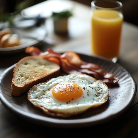 煎蛋配培根吐司橙汁早餐