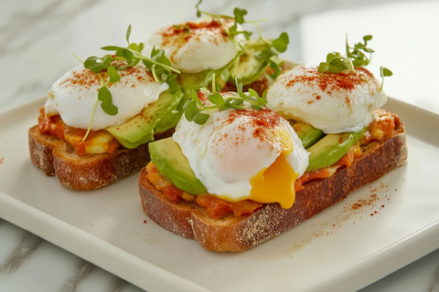 酸种面包片配牛油果溏心蛋