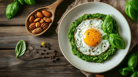 木勺装坚果与香料搭配煎蛋