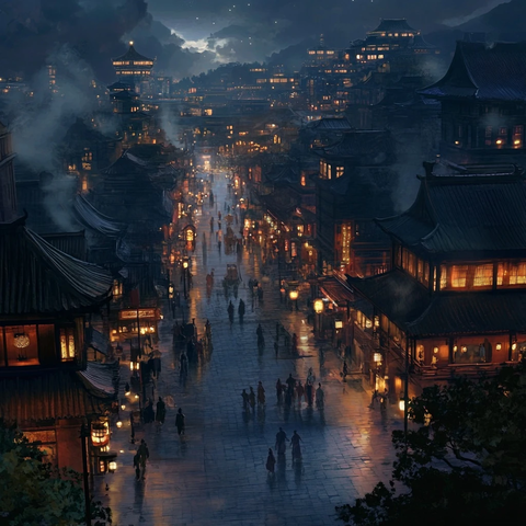 古色古香的中式建筑夜景灯火通明