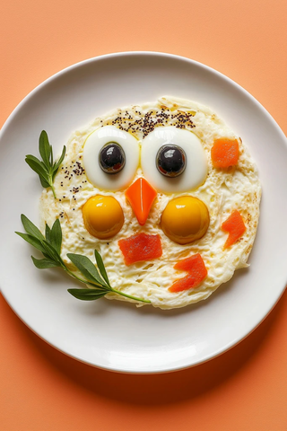 儿童餐盘上的巨大猫头鹰煎蛋