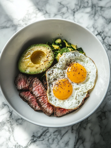 牛排牛油果煎蛋白碗