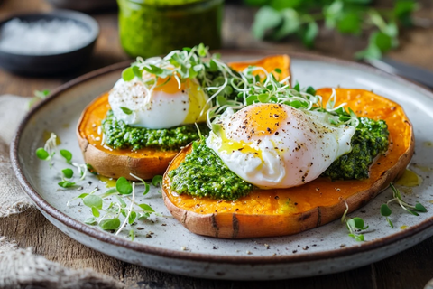 烤红薯片配水煮蛋与豆芽