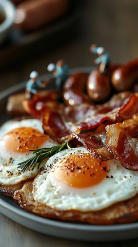 煎蛋培根早餐与小人细节