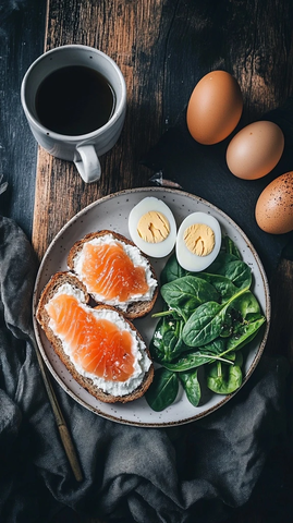 新鲜食物与咖啡早餐组合
