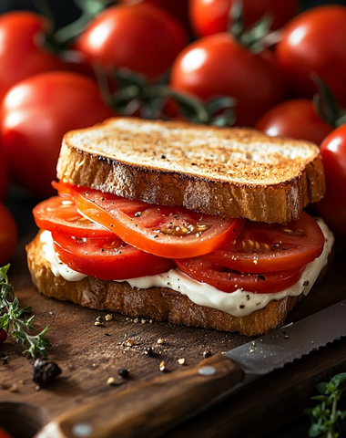 番茄蛋黄酱三明治与胡椒研磨器