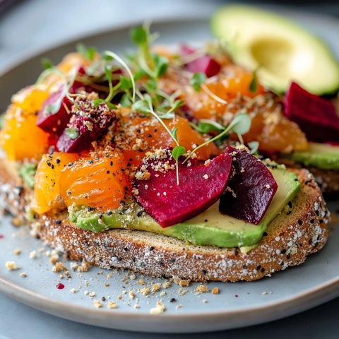 牛油果吐司配烟熏三文鱼和甜菜
