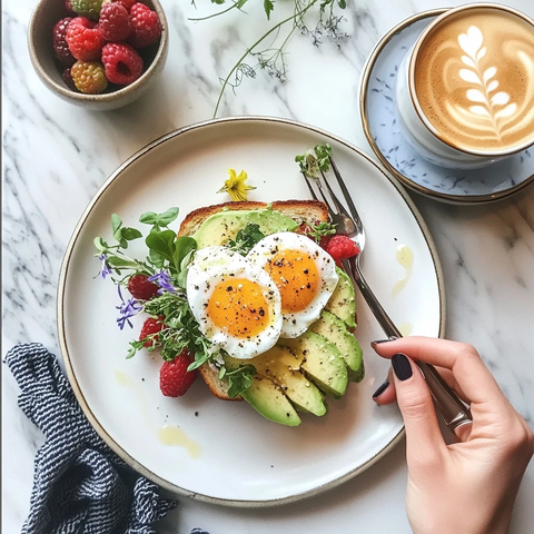 牛油果吐司配水煮蛋与花艺