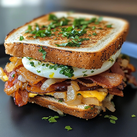 黑盘煎蛋配培根洋葱