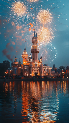 城堡上空绽放绚烂烟花的夜景