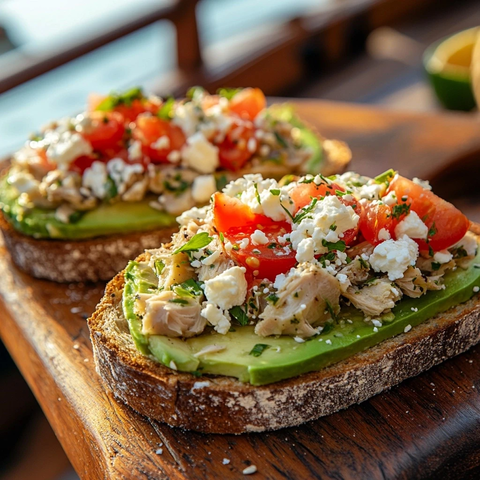 木船上的牛油果吐司与金枪鱼