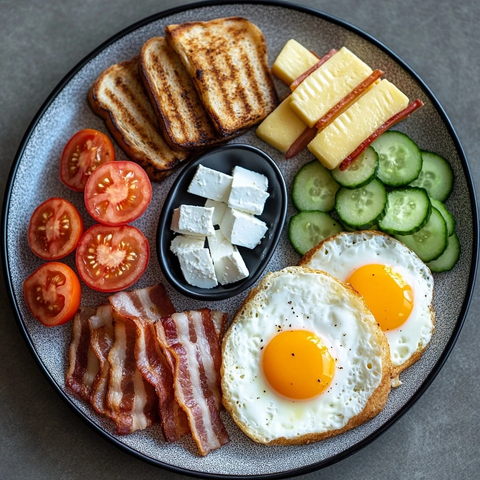 圆形餐盘上的丰富早餐组合