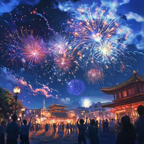 古建筑前人群观赏绚丽烟花夜景