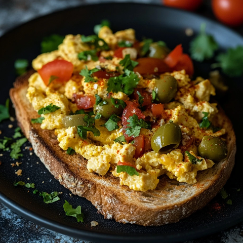 豆腐红绿椒橄榄番茄辣椒炒蛋吐司