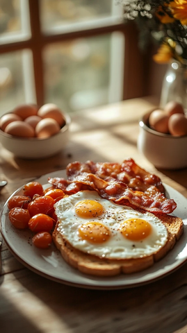 早餐桌上的吐司鸡蛋培根
