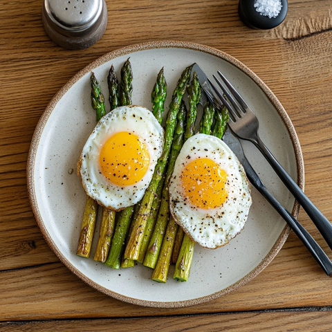 煎芦笋配溏心蛋和调味品