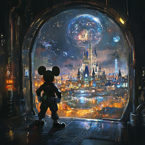 米奇眺望灯火辉煌的城堡夜景