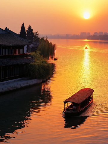 水上小船行河畔古建映夕阳