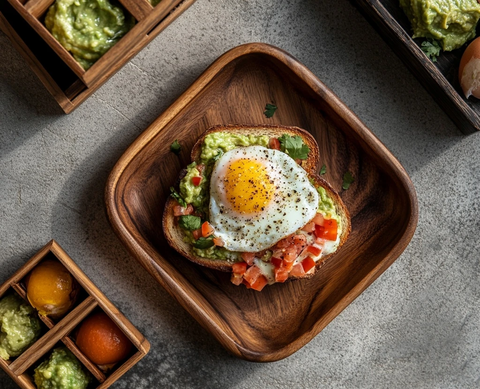 木盘装鸡蛋牛油果和酱料