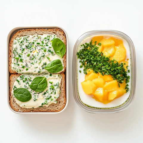 全麦吐司配蛋酱与芒果椰奶布丁