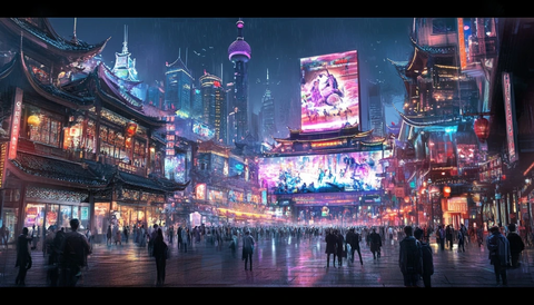 夜晚中式建筑与现代高楼结合的繁华街道