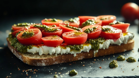 番茄罗勒酱开放三明治