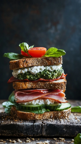 三层堆叠吐司与木板美食