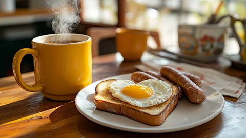 热巧克力与心形煎蛋早餐