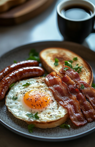 培根鸡蛋配香肠吐司咖啡