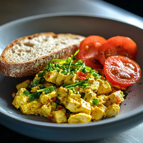 豆腐炒蛋配香葱番茄全麦面包