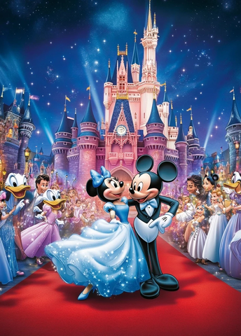 迪士尼城堡前米奇米妮等角色的聚会