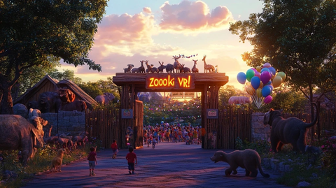 zookVR入口处热闹的人群和动物雕像