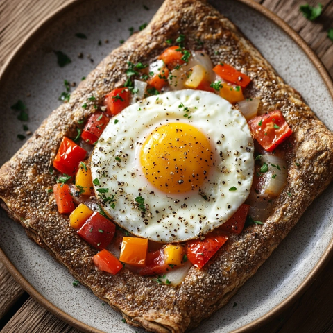 荞麦薄饼配流心蛋和辣味番茄酱