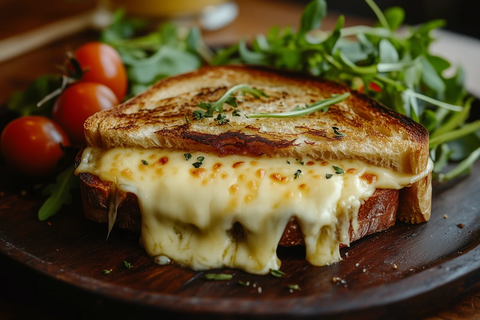 金黄脆面包配融奶酪与鲜蔬