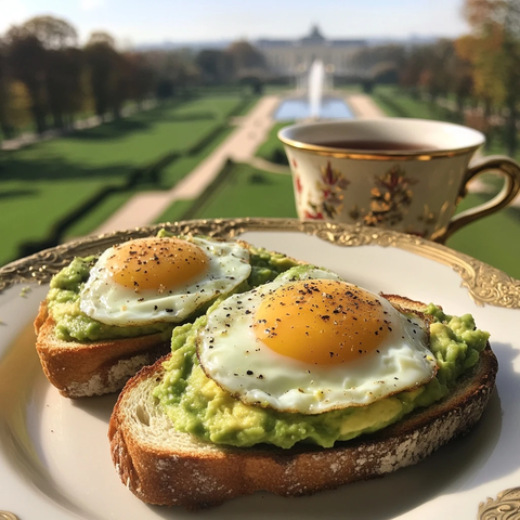 鳄梨吐司配煎蛋和热茶