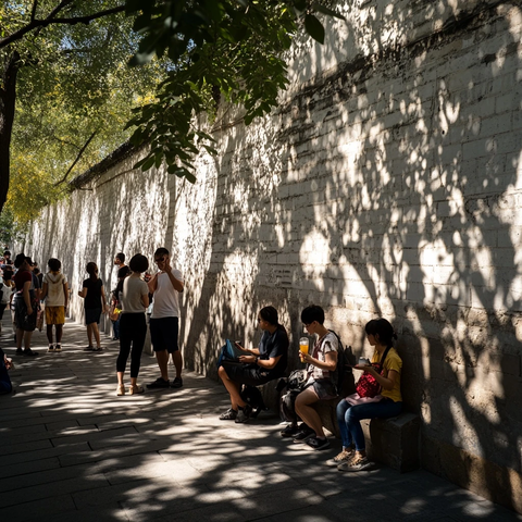 人们在墙边休息的日常场景