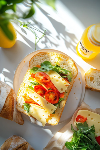 新鲜蔬菜奶酪三明治与柠檬水