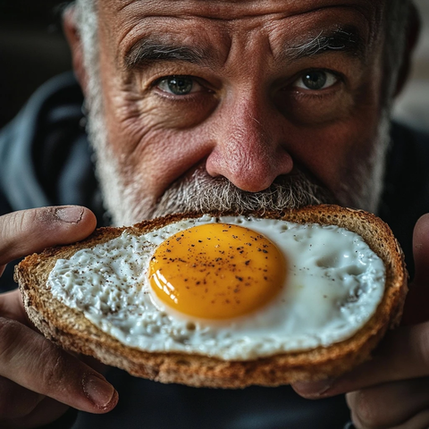 男士享用巨大太阳蛋面包