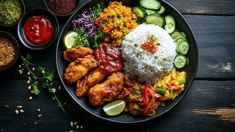 咖喱蒸饭炸鸡蔬菜拼盘