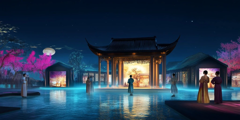 古建筑夜景下的古装人物活动场景