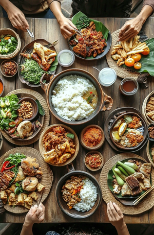 鸡白汤配米饭蔬菜共餐场景