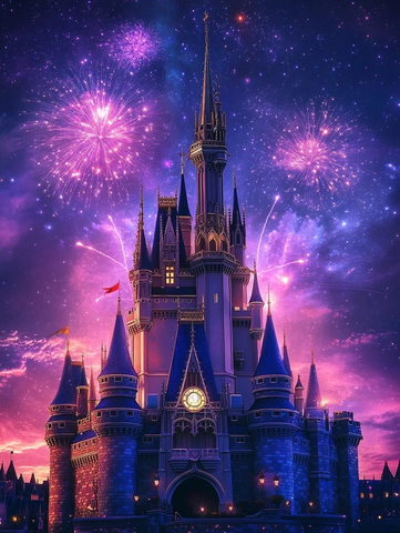 烟花下的梦幻城堡夜景