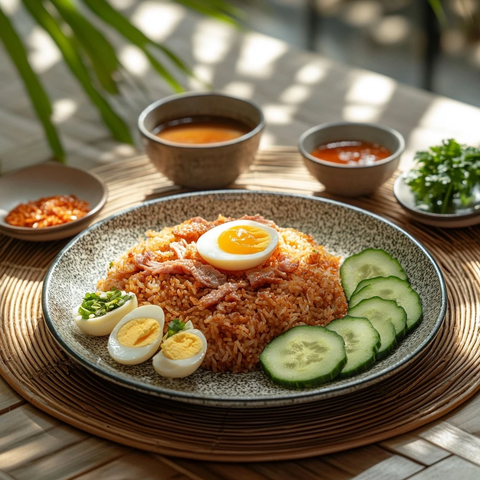 泰式红猪肉饭与配菜摆盘
